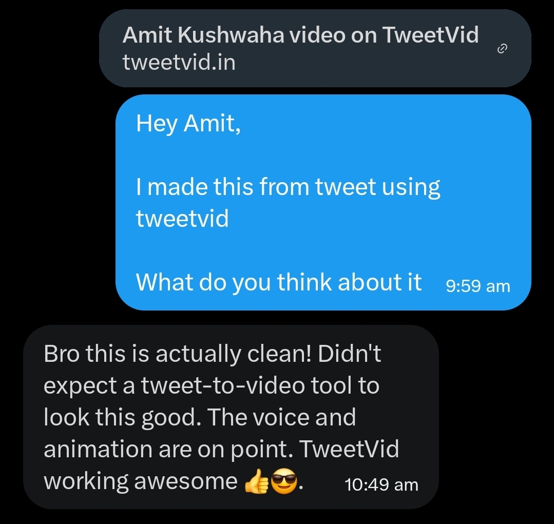 A beta user says the TweetVid website UI looks cool after trying a generated video
