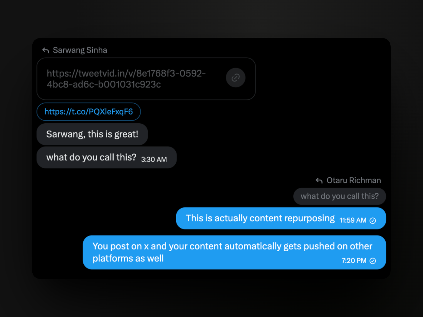 A creator says the tweet-to-video sample is great and asks what to call it