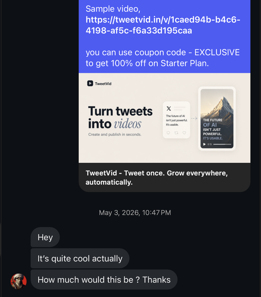 A creator replies that the sample TweetVid video is cool and asks about pricing
